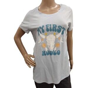 Time & Tru Women's Maternity Medium Lt Blue My First Rodeo Tshirt Pregnancy Top